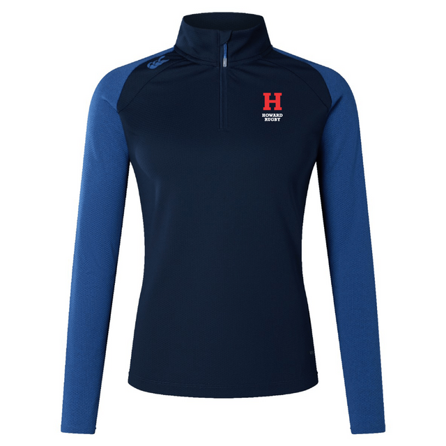 The Howard University Women's Elite First Layer by Canterbury from EMB Canterbury is a navy and blue long-sleeve quarter-zip top made of recycled polyester, featuring a red "H" logo and "Howard Rugby" text on the chest.