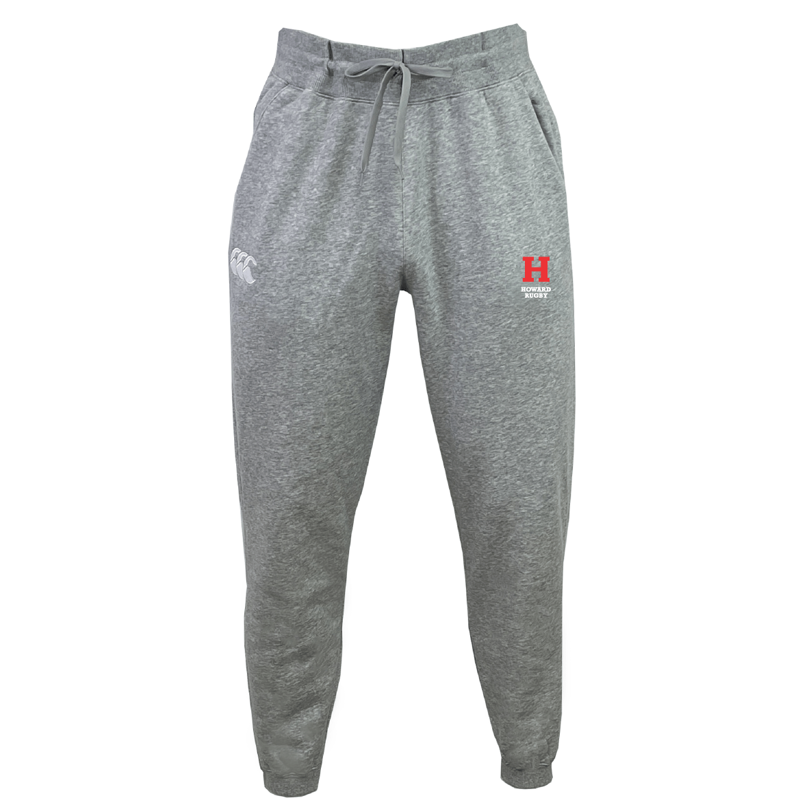 The Howard University Leisure Sweatpant by EMB Canterbury is crafted from organic cotton and features an elastic waistband, drawstring, left thigh logo, and red 'H' on the right thigh, combining comfort with style.