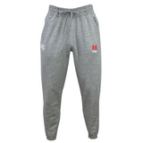 The Howard University Leisure Sweatpant by EMB Canterbury is crafted from organic cotton and features an elastic waistband, drawstring, left thigh logo, and red 'H' on the right thigh, combining comfort with style.