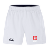 The Howard University Advantage Short 2.0 by EMB Canterbury is designed for sustainable performance, featuring an elastic waistband and two logos: a black "CCC" and a red "H" with "Howard Rugby" below it.