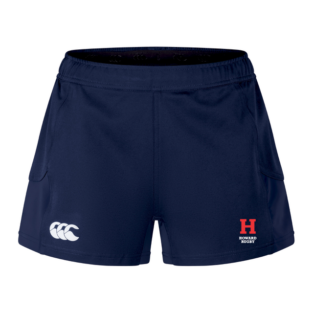 The Howard University Women's Advantage Short 2.0 by EMB Canterbury in navy blue features an "H" logo on the right leg and the Canterbury logo on the left, crafted with recycled content for improved performance and sustainability.