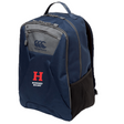 The Howard University Medium Backpack by EMB Canterbury features the iconic logo and "Howard Rugby" text in red and white, boasts Vaposhield Technology for weather resistance, and includes zippered compartments, side mesh pockets, and a padded laptop pocket.