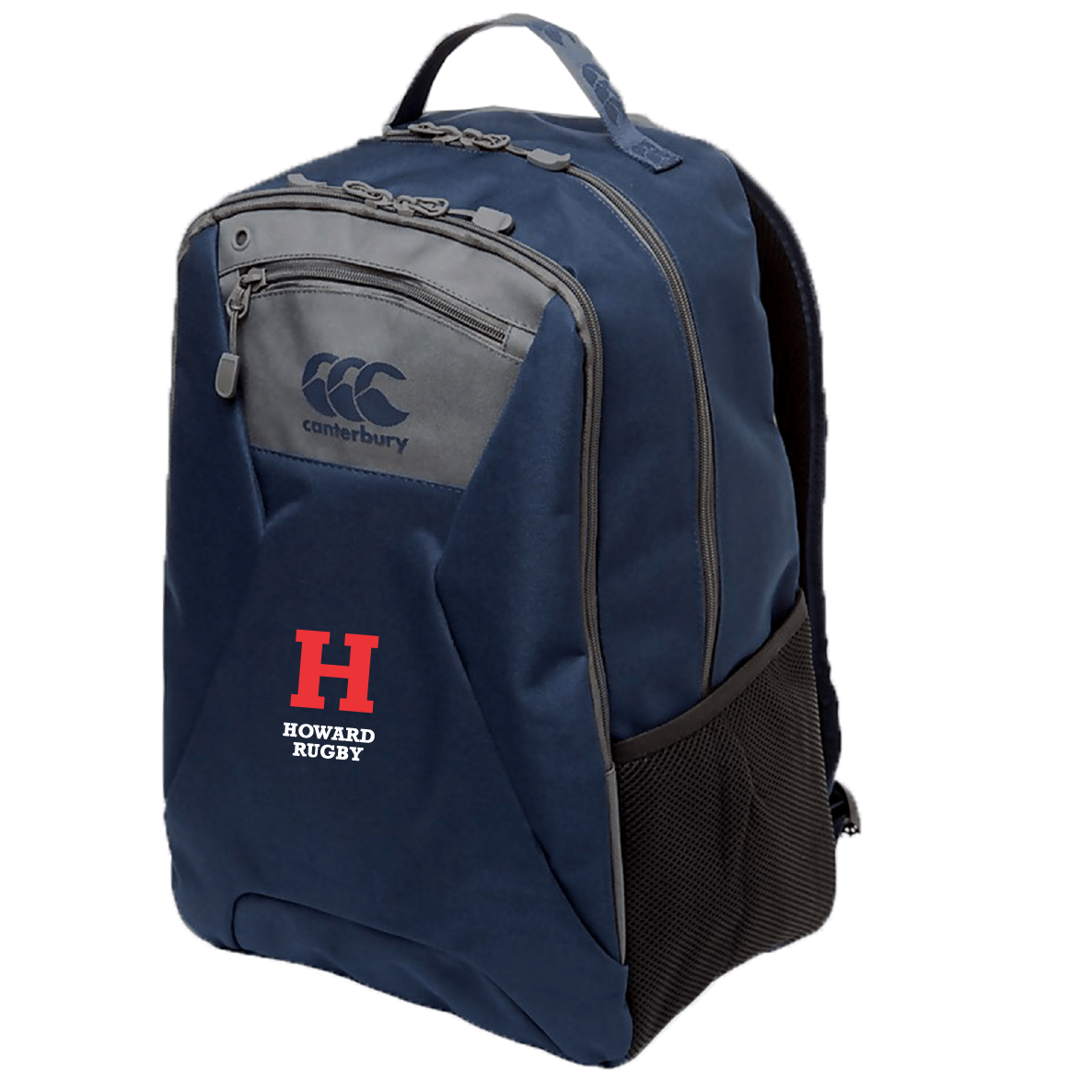 The Howard University Medium Backpack by EMB Canterbury features the iconic logo and "Howard Rugby" text in red and white, boasts Vaposhield Technology for weather resistance, and includes zippered compartments, side mesh pockets, and a padded laptop pocket.