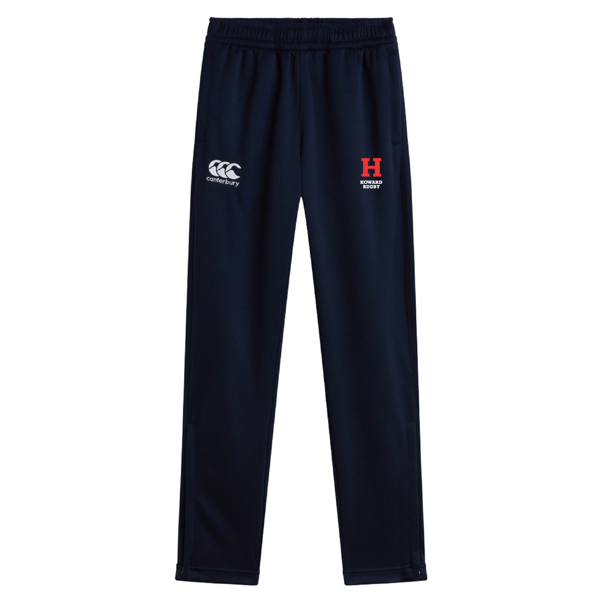 The Howard University Stretch Tapered Pant by EMB Canterbury features zip pockets, an elastic waistband, a white Canterbury logo, and a red "H" on the front in navy blue. Ideal for workouts.