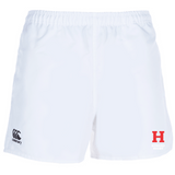 These Canterbury rugby shorts, made from moisture-wicking fabric, feature a white design with the "Canterbury" logo on the left and a red "H" for Howard Rugby on the right.
