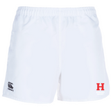 The Howard University Player's Drill Short by EMB Canterbury, made from recycled fabric, has an elastic waistband. It features the iconic Canterbury logo on the left and a red "H" with "Howard Rugby" text on the right, combining sustainability with style.