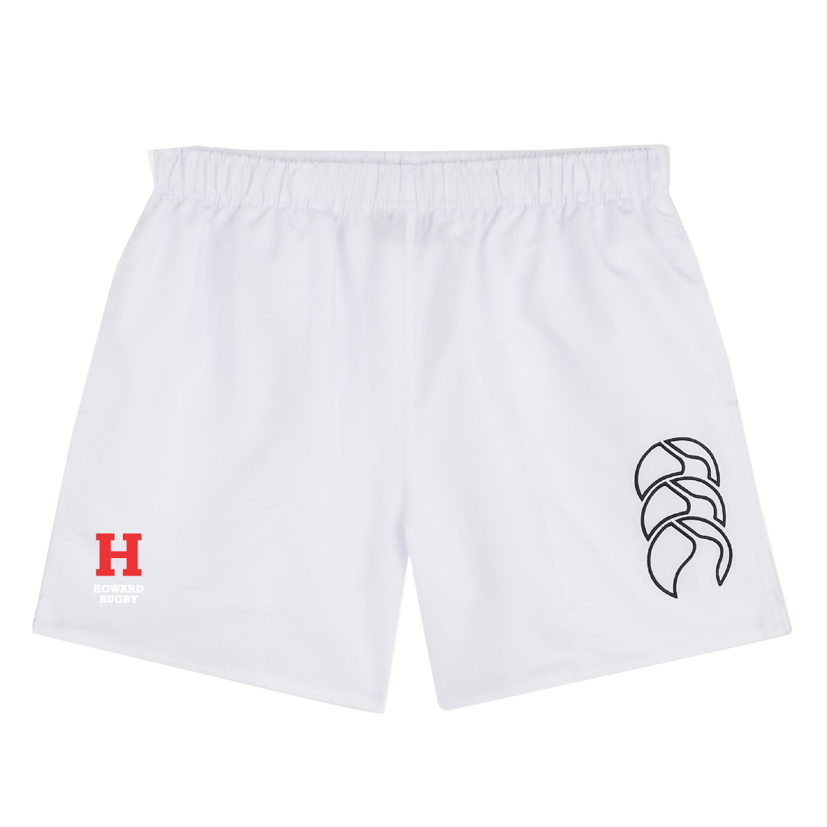 The Howard University Tactic Short by EMB Canterbury features an elastic waistband with a red "H" and "HOWARD RUGBY" on the left and a black logo on the right.