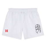 The Howard University Tactic Short by EMB Canterbury features an elastic waistband with a red "H" and "HOWARD RUGBY" on the left and a black logo on the right.