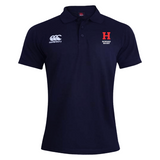 The Howard University Waimak Polo by EMB Canterbury showcases a navy blue design featuring the Canterbury logo on the right and a red "H" with "Howard Rugby" text on the left. Made from a comfortable cotton-polyester blend, it's ideal for both casual and athletic wear.