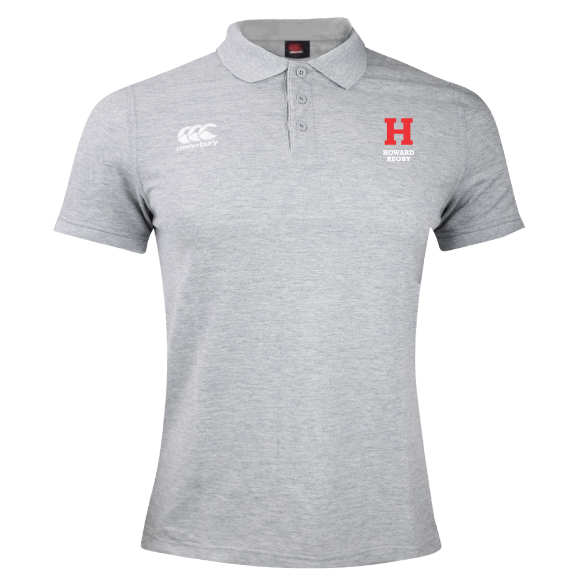 The Howard University Waimak Polo by Canterbury is a grey rugby polo crafted from a comfortable cotton-polyester blend, featuring an EMB Canterbury logo, red "H" emblem, and "Howard Hewett" text on the front.