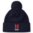 The Howard University Pom Pom Beanie by EMB Canterbury features a navy blue design with a pom-pom, showcasing a red "H" and "HOWARD RUGBY" in white on the front. It’s the perfect stylish and warm Rugby Bobble Hat for fans.