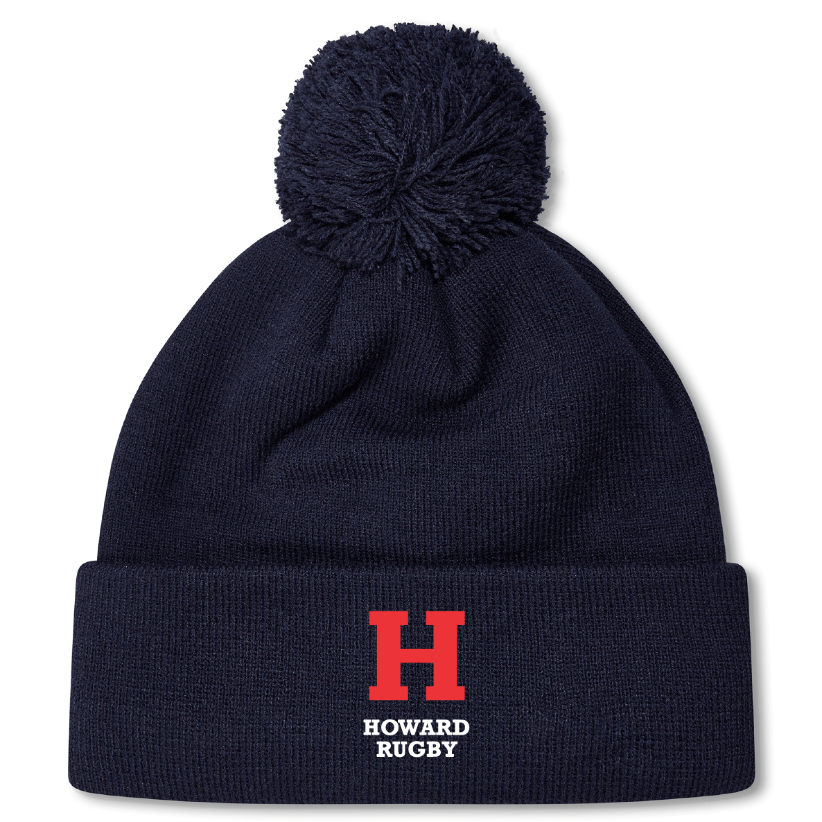 The Howard University Pom Pom Beanie by EMB Canterbury features a navy blue design with a pom-pom, showcasing a red "H" and "HOWARD RUGBY" in white on the front. It’s the perfect stylish and warm Rugby Bobble Hat for fans.