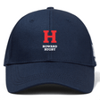The Howard University Flexfit Drill Cap by EMB Canterbury features a red "H" with "Howard Rugby" embroidered beneath it and a stylish curved brim, all in dark blue.