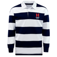 The Howard University Classic Long Sleeve Hooped Rugby Jersey by EMB Mudoo features navy and white stripes, a collar, and a red "H" with "Howard Rugby" on the chest. It marries nostalgia with modern comfort, ideal for casual outings or reminiscing classic sports moments.