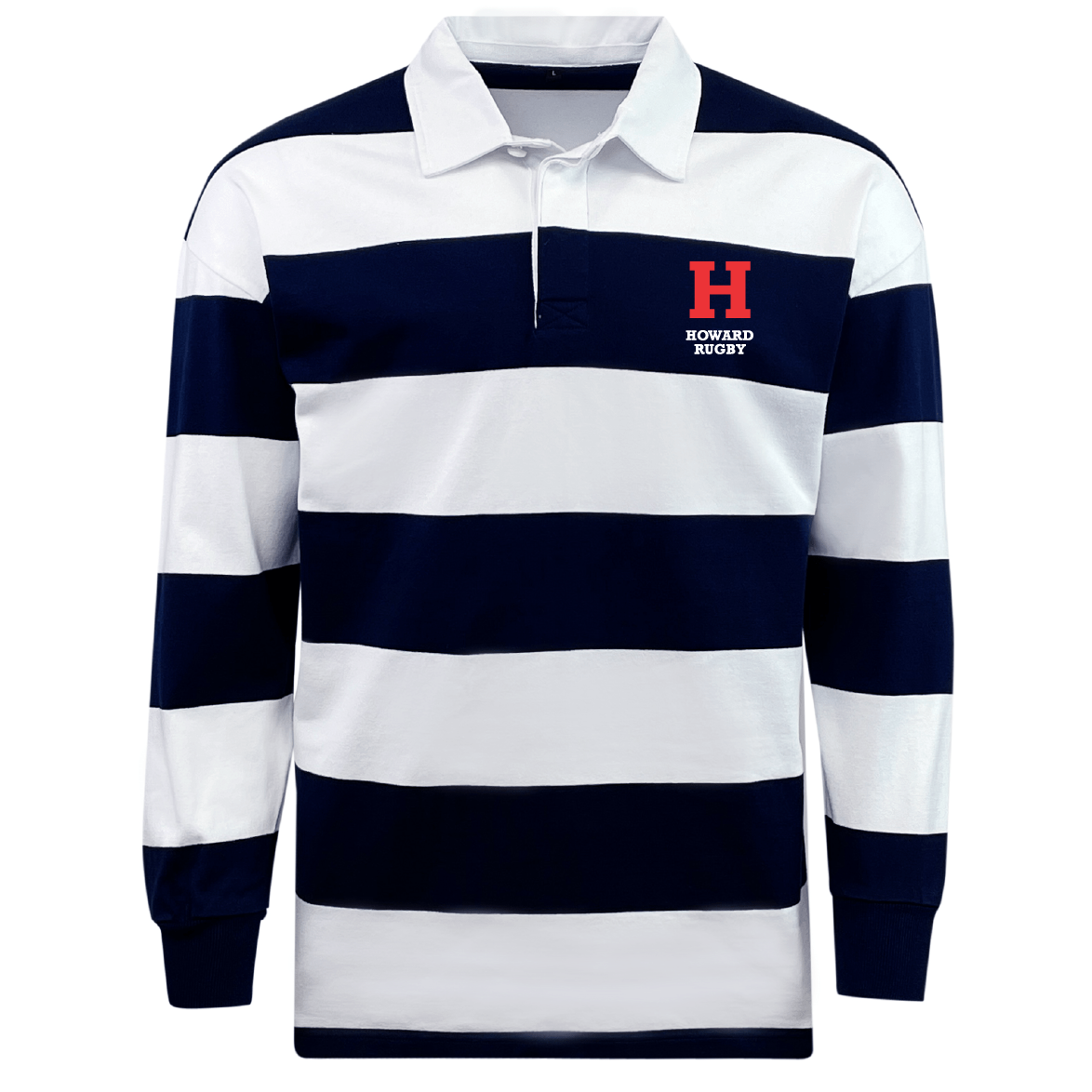 The Howard University Classic Long Sleeve Hooped Rugby Jersey by EMB Mudoo features navy and white stripes, a collar, and a red "H" with "Howard Rugby" on the chest. It marries nostalgia with modern comfort, ideal for casual outings or reminiscing classic sports moments.