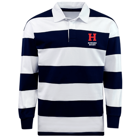 The Howard University Classic Long Sleeve Hooped Rugby Jersey by EMB Mudoo features navy and white stripes, a collar, and a red "H" with "Howard Rugby" on the chest. It marries nostalgia with modern comfort, ideal for casual outings or reminiscing classic sports moments.