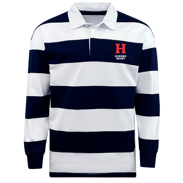 The Howard University Classic Long Sleeve Hooped Rugby Jersey by EMB Mudoo features navy and white stripes, a collar, and a red "H" with "Howard Rugby" on the chest. It marries nostalgia with modern comfort, ideal for casual outings or reminiscing classic sports moments.