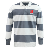 The EMB Mudoo Howard University Classic Long Sleeve Hooped Rugby Jersey features white and gray stripes with a red "H" logo and "Howard Rugby" text on the upper left chest, combining style and comfort for perfect leisurewear.