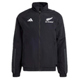 The All Blacks Presentation Jacket by adidas is a black sports jacket with the iconic "All Blacks" logo and signature adidas stripes on the sleeves and chest. Crafted from recycled nylon, it showcases a contemporary rugby style with a front zipper and high collar design.