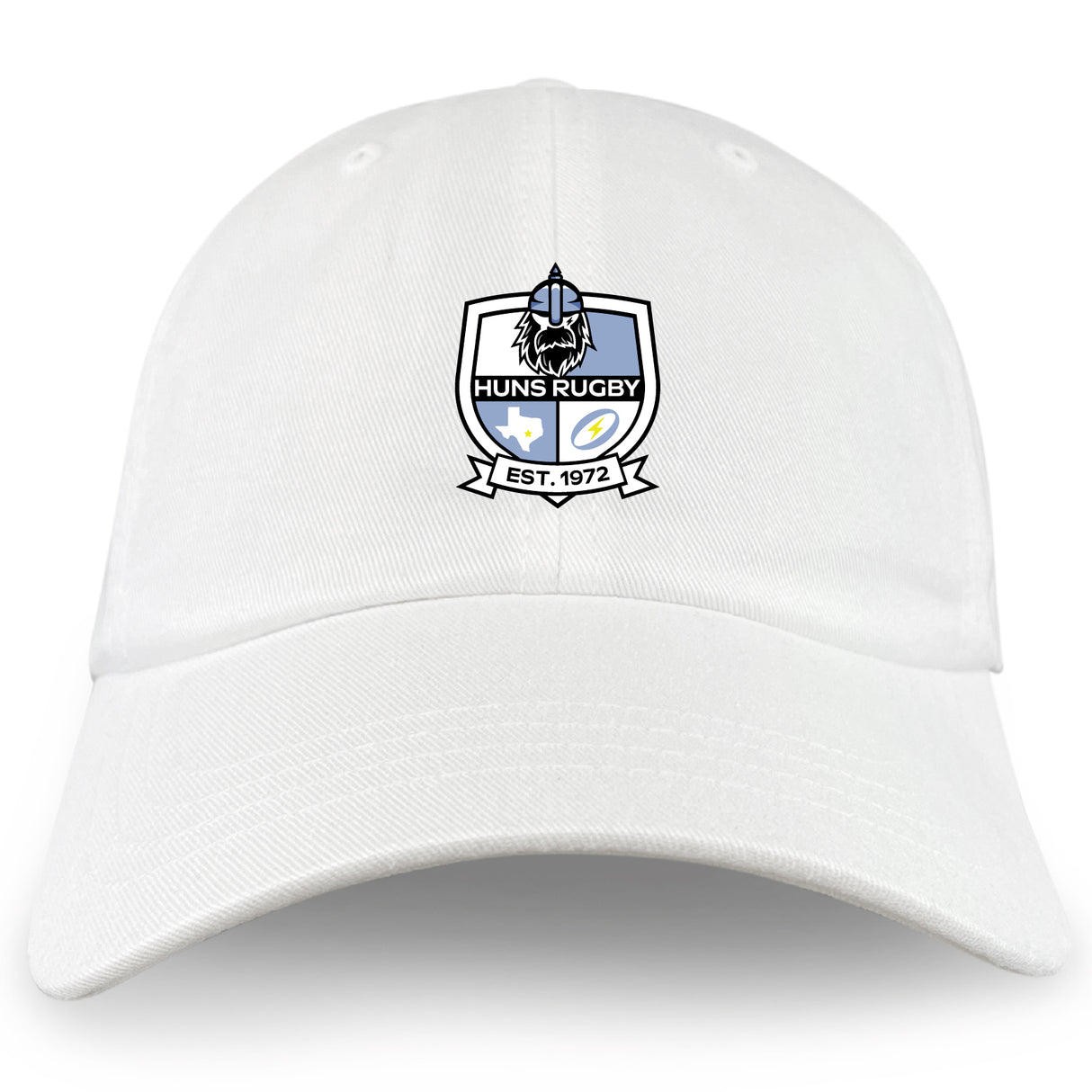The Austin Huns Rugby Adult Low-Profile Cotton Twill Dad Cap by EMB S&S Activewear features embroidered team branding with a blue helmet, wolf head, and "EST. 1972" on the classic white cotton twill front.