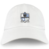 The Austin Huns Rugby Adult Low-Profile Cotton Twill Dad Cap by EMB S&S Activewear features embroidered team branding with a blue helmet, wolf head, and "EST. 1972" on the classic white cotton twill front.
