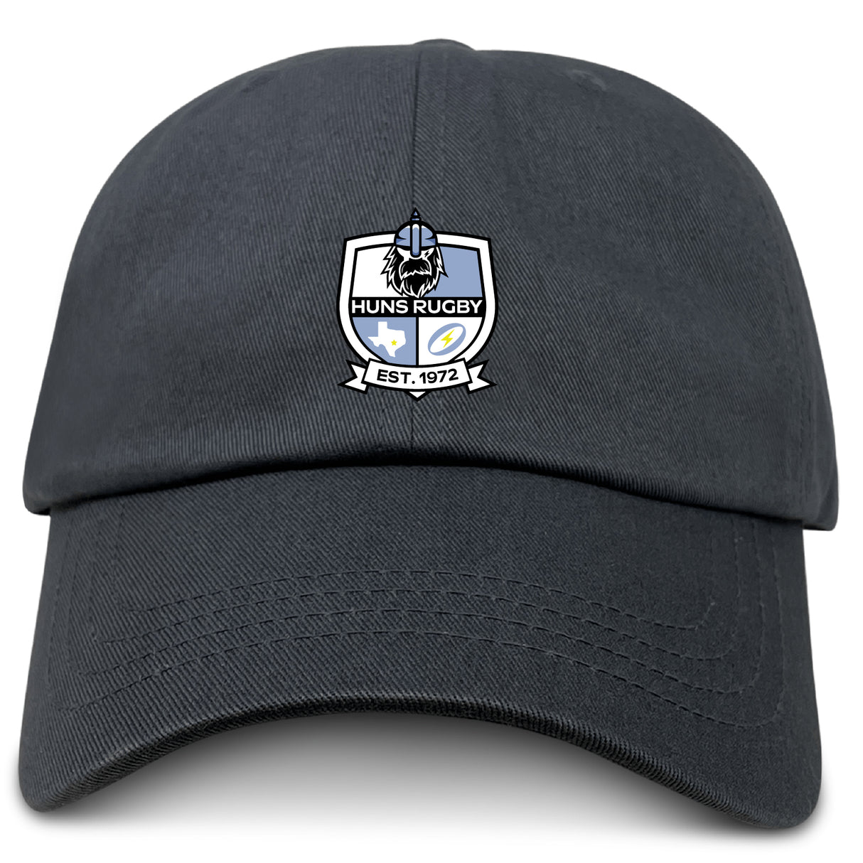 The Austin Huns Rugby Adult Low-Profile Cotton Twill Dad Cap by EMB S&S Activewear is a black cap featuring embroidered Huns Rugby branding and "EST. 1972" on the front.