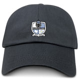 The Austin Huns Rugby Adult Low-Profile Cotton Twill Dad Cap by EMB S&S Activewear is a black cap featuring embroidered Huns Rugby branding and "EST. 1972" on the front.