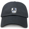 The Austin Huns Rugby Adult Low-Profile Cotton Twill Dad Cap by EMB S&S Activewear is a black cap featuring embroidered Huns Rugby branding and "EST. 1972" on the front.