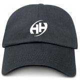 The Clarksville Headhunters Adult Low-Profile Cotton Twill Dad Cap by EMB S&S Activewear is a black cap with a white embroidered "HH" team logo on the front.
