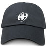 The Clarksville Headhunters Adult Low-Profile Cotton Twill Dad Cap by EMB S&S Activewear is a black cap with a white embroidered "HH" team logo on the front.