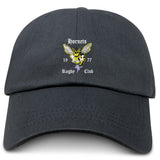 The Hornets Rugby Club Adult Low-Profile Cotton Twill Dad Cap by EMB S&S Activewear is a dark grey dad hat embroidered with the club’s hornet mascot and "1977.