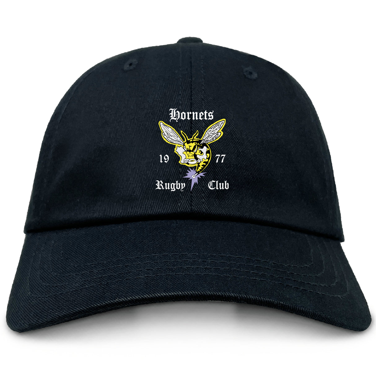The Hornets Rugby Club Adult Low-Profile Cotton Twill Dad Cap by EMB S&S Activewear is a black cotton twill cap with embroidered team branding, featuring a yellow hornet logo and "Hornets Rugby Club 1977" on the front.