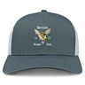 The Hornets Rugby Club Retro Trucker Cap by EMB S&S Activewear features a gray and white design, mesh back, embroidered hornet logo with "Hornets Rugby Club 1977," and a snapback closure for adjustable fit.