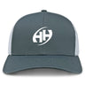 The Clarksville Headhunters Retro Trucker Cap by EMB S&S Activewear features a gray and white design, mesh back, bold white front embroidery, and an adjustable snapback closure for comfort.