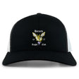 The Hornets Rugby Club Retro Trucker Cap by EMB S&S Activewear features black and white panels, an embroidered yellow hornet logo, "Hornets Rugby Club 1977" text on the front, and a classic snapback closure.