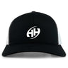 The Clarksville Headhunters Retro Trucker Cap by EMB S&S Activewear features a black and white design, curved brim, white "HH" embroidery on the front, and a classic snapback closure.