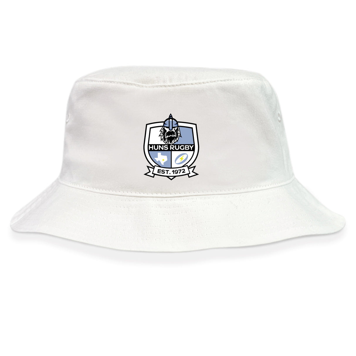 The Austin Huns Rugby Crusher Bucket Cap by EMB S&S Activewear is a white cotton twill hat featuring the Huns Rugby club logo and "Est. 1972" on the front, delivering classic style and sun protection.