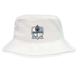 The Austin Huns Rugby Crusher Bucket Cap by EMB S&S Activewear is a white cotton twill hat featuring the Huns Rugby club logo and "Est. 1972" on the front, delivering classic style and sun protection.