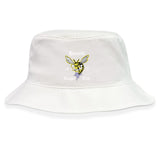 The Hornets Rugby Club Crusher Bucket Cap by EMB S&S Activewear features white cotton twill, a yellow hornet logo, and "Hornets Rugby Club 1977" on the front for classic style and sun protection.