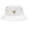 The Hornets Rugby Club Crusher Bucket Cap by EMB S&S Activewear features white cotton twill, a yellow hornet logo, and "Hornets Rugby Club 1977" on the front for classic style and sun protection.
