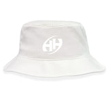 The Clarksville Headhunters Crusher Bucket Cap by EMB S&S Activewear is a white cotton twill hat featuring a minimalist white “HH” logo on the front center, providing stylish sun protection.