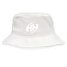 The Clarksville Headhunters Crusher Bucket Cap by EMB S&S Activewear is a white cotton twill hat featuring a minimalist white “HH” logo on the front center, providing stylish sun protection.