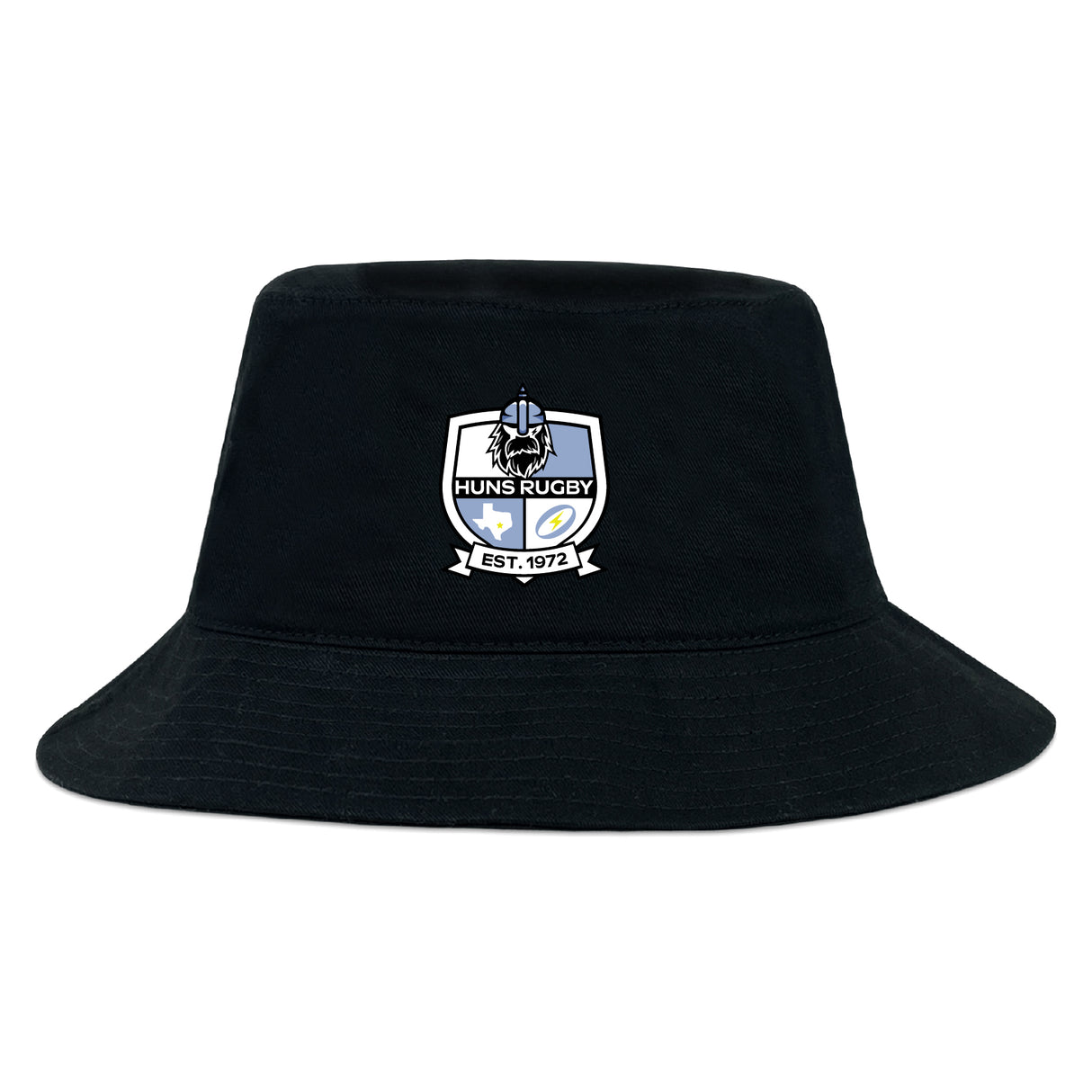 The Austin Huns Rugby Crusher Bucket Cap by EMB S&S Activewear is a black cotton twill hat featuring the Huns Rugby club crest and "EST. 1972" on the front, combining classic style with sun protection.