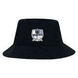 The Austin Huns Rugby Crusher Bucket Cap by EMB S&S Activewear is a black cotton twill hat featuring the Huns Rugby club crest and "EST. 1972" on the front, combining classic style with sun protection.