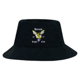 The Hornets Rugby Club Crusher Bucket Cap by EMB S&S Activewear is a black cotton twill hat with sun protection, featuring an embroidered yellow hornet and white "Hornets Rugby Club 1977" on the front.