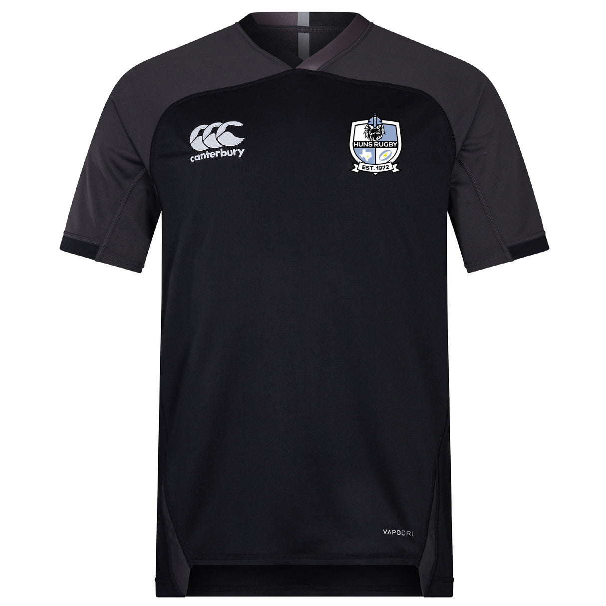 A black Austin Huns Rugby Vapodri Evader Jersey by EMB Canterbury, with dark grey shoulder panels, moisture-wicking Vapodri tech, the Canterbury logo, and an Austin Huns Rugby crest on the chest.