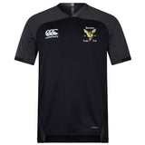 The EMB Canterbury Hornets Rugby Club Vapodri Evader Jersey is a black short-sleeved top with moisture-wicking tech, featuring the Canterbury logo and a yellow hornet crest reading “Hornets Rugby Club 1977” on the chest.