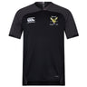 The EMB Canterbury Hornets Rugby Club Vapodri Evader Jersey is a black short-sleeved top with moisture-wicking tech, featuring the Canterbury logo and a yellow hornet crest reading “Hornets Rugby Club 1977” on the chest.