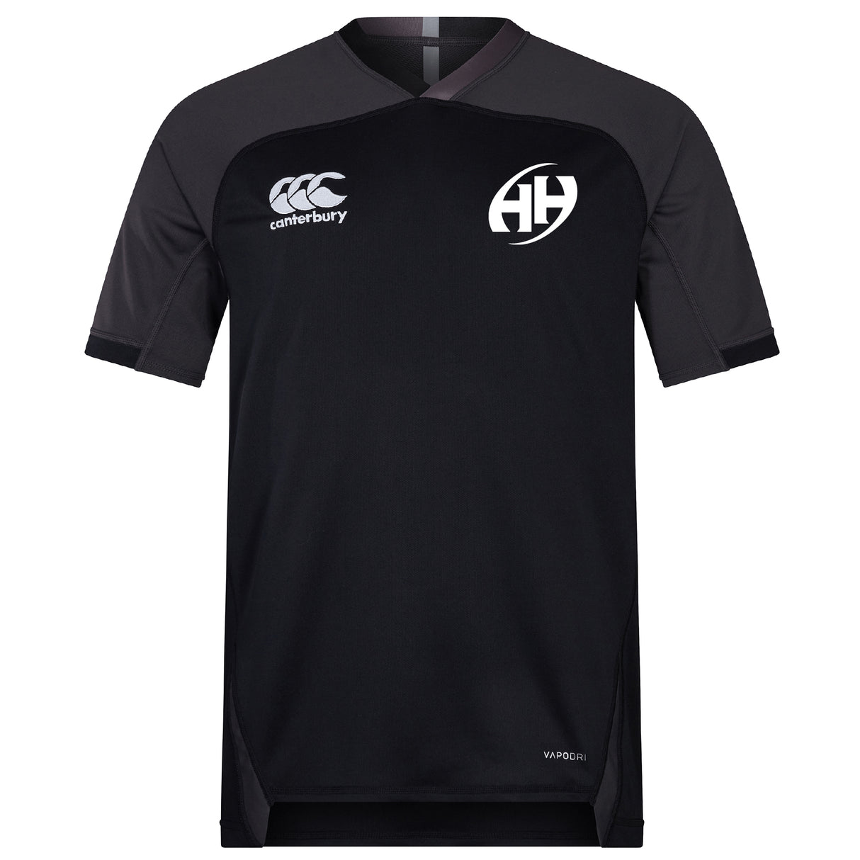 The Clarksville Headhunters Vapodri Evader Jersey by EMB Canterbury is a black and dark gray short-sleeved rugby jersey with AH chest logos, featuring moisture-wicking technology for comfort during intense matches.