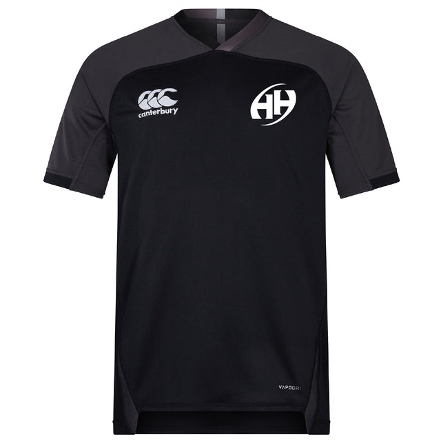 The Clarksville Headhunters Vapodri Evader Jersey by EMB Canterbury is a black and dark gray short-sleeved rugby jersey with AH chest logos, featuring moisture-wicking technology for comfort during intense matches.
